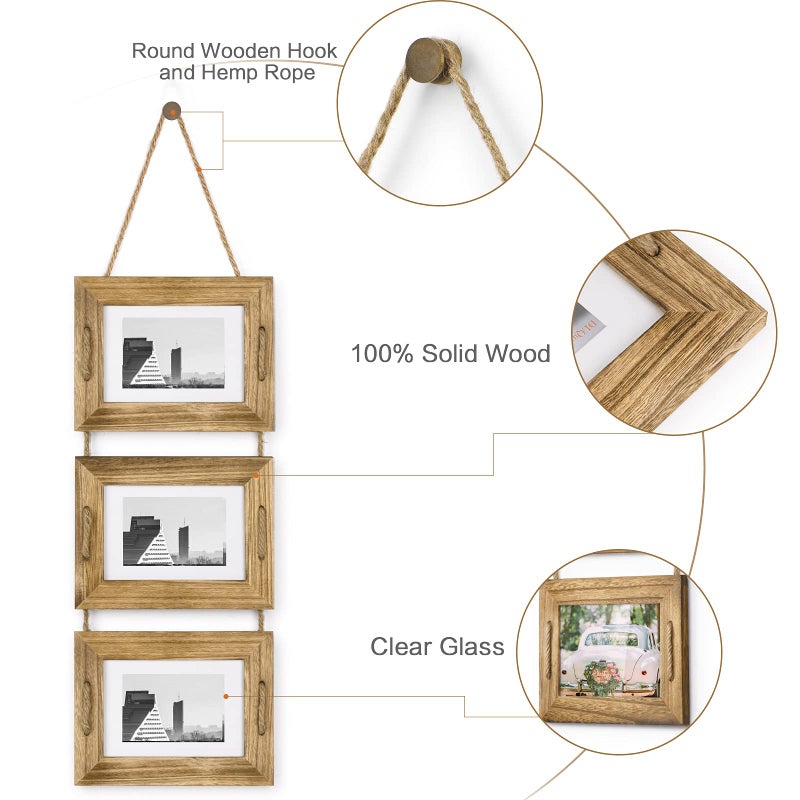 DLQuarts 5x7 Hanging Picture Frames Collage Wall Decor, 3-Opening Photo Frames 5x7 without Mat & 3.5x5 with Mat, Rustic Wood, Carbonized Black - Image 4